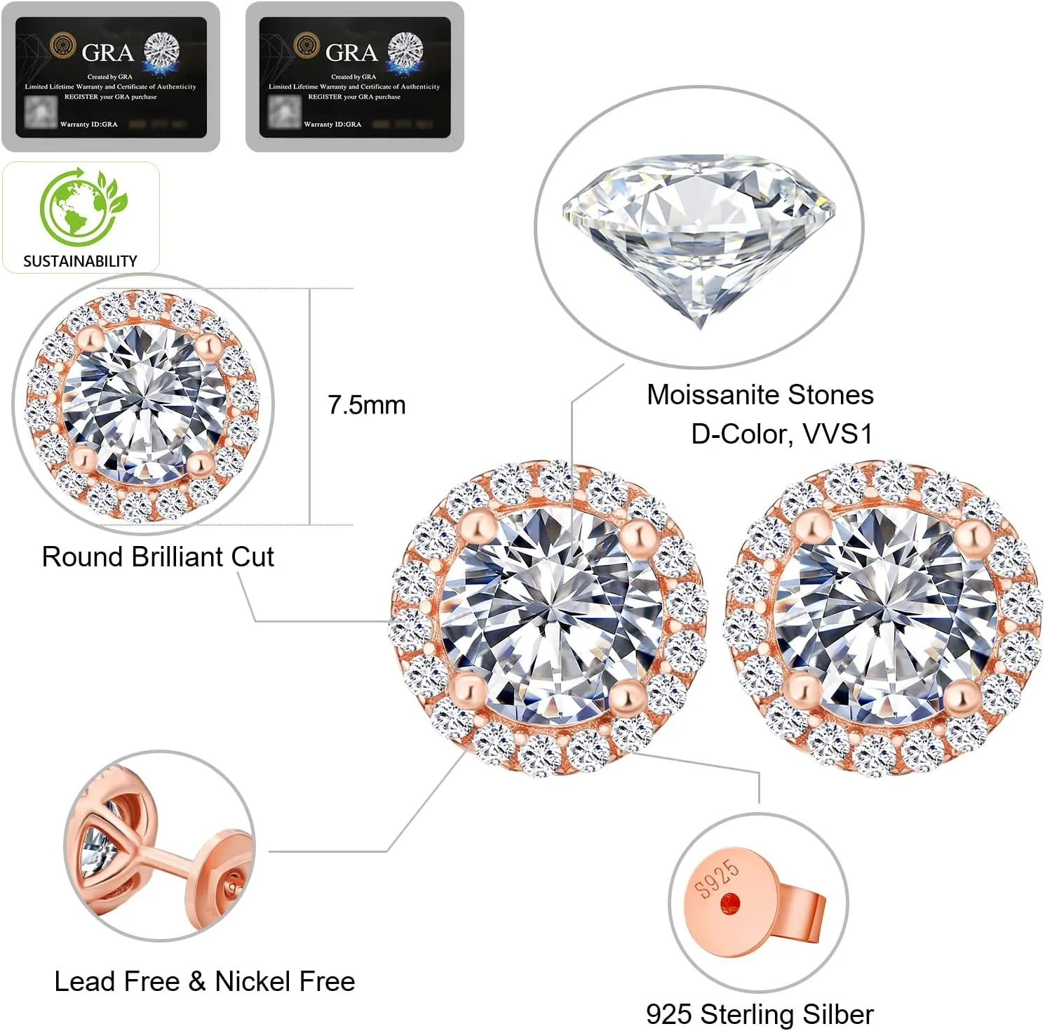 KRKC Moissanite Stud Earrings for Women, 0.5ct-2ct Lab Created Diamond Earring with 14K White Gold Plated S925 Sterling Silver Gift for Girlfriend, Wife