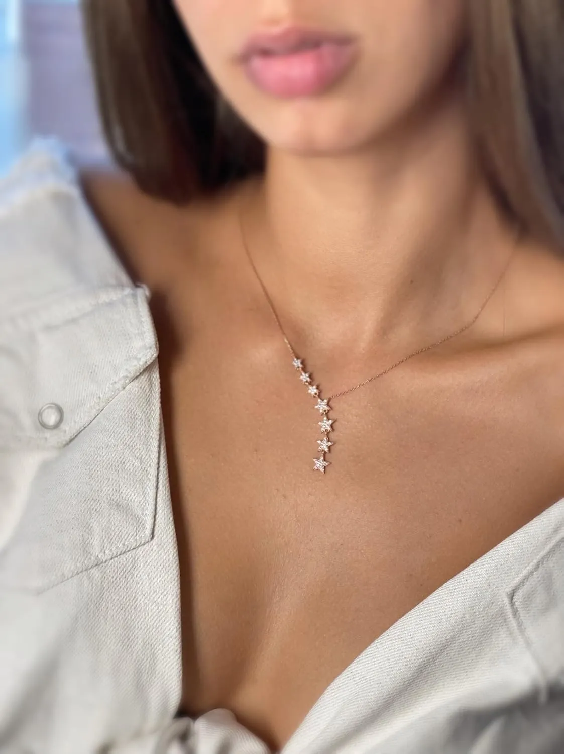 Kyerlyn Crystal Dainty Star Necklace for Women, Star CZ Charm Statement Y-Necklace Gold/Silver/Rose Gold Shining Exquisite Choker Necklace for Women Adjustable Jewelry Gifts