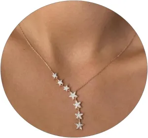 Kyerlyn Crystal Dainty Star Necklace for Women, Star CZ Charm Statement Y-Necklace Gold/Silver/Rose Gold Shining Exquisite Choker Necklace for Women Adjustable Jewelry Gifts
