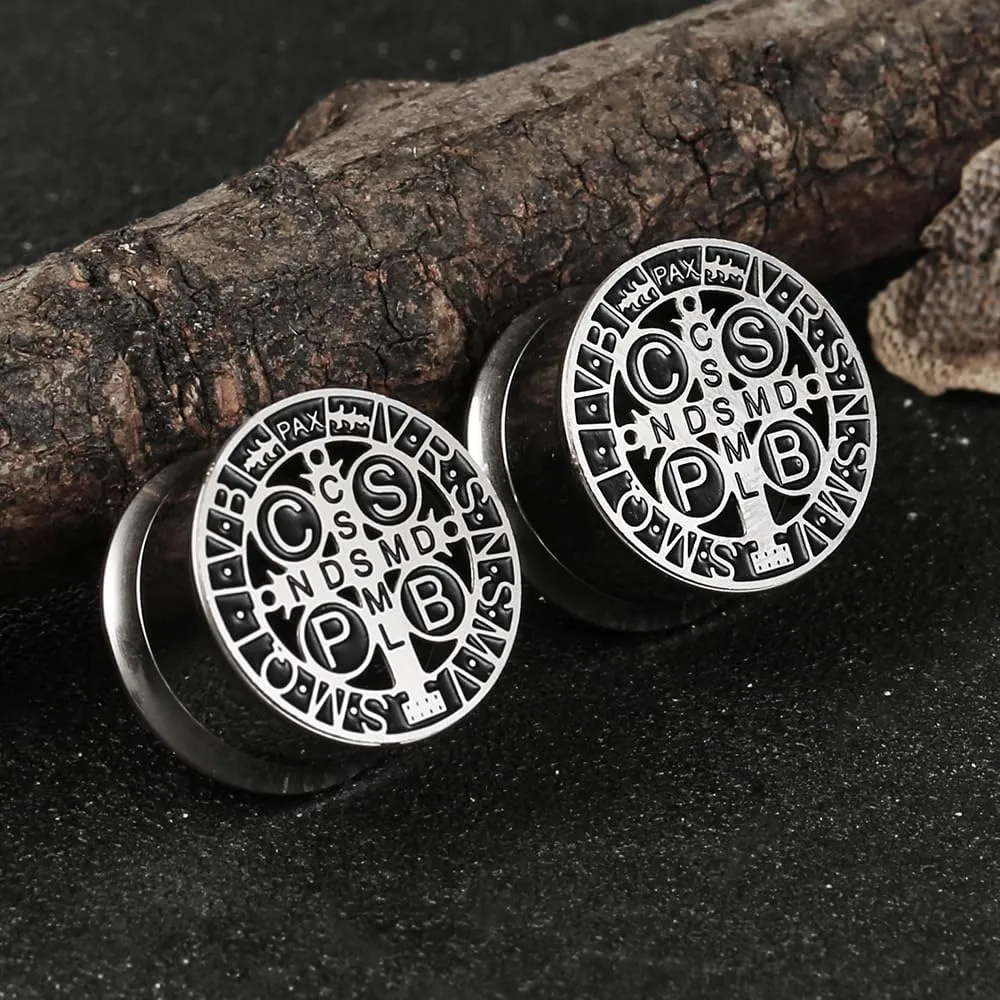 LADEMAYH 0g-1inch Ear Plugs Tunnels Gauges, Saint Benedict Cross Medal Ear Gauges Earrings for Christian, Hypoallergenic Surgical Stainless Steel 316L Expander Stretcher Body Jewelry