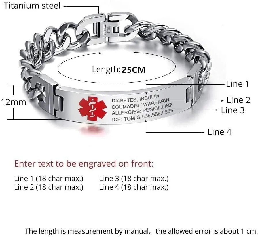 Lam Hub Fong Custom Emergency Medical Alert Bracelet - Free Engraving, Ships Next Day, Non-Tarnish Titanium Steel, Size 7.5-9.5 inches, Medical ID Bracelet for Men & Women, Durable & Comfortable
