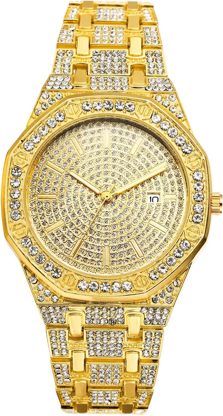 Lancardo Gold Hip-Hop Watch for Men Women Quartz 30M Waterproof Luxury Gold Plated Dress Casual Watch Halloween Christmas