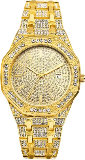 Lancardo Gold Hip-Hop Watch for Men Women Quartz 30M Waterproof Luxury Gold Plated Dress Casual Watch Halloween Christmas