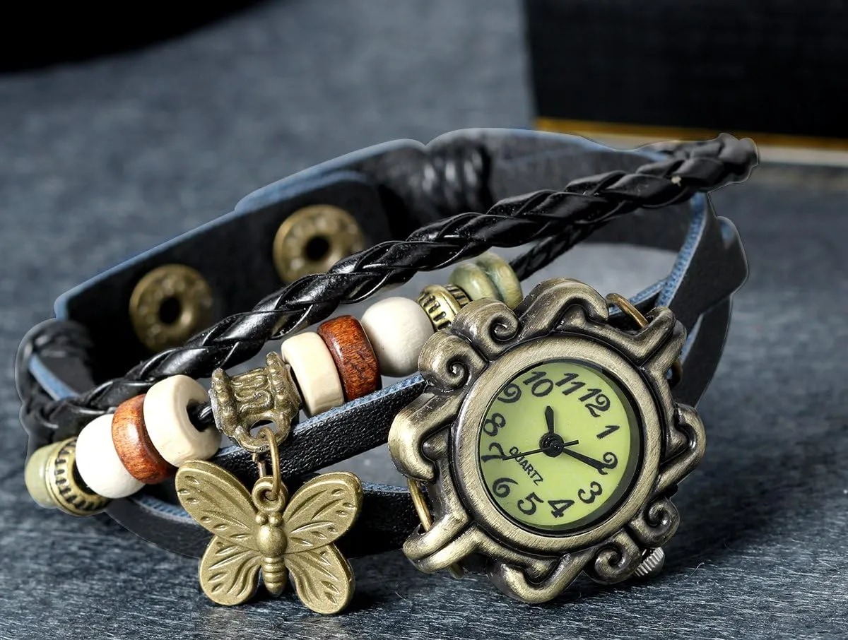 Lancardo Women's Braided Leather Straps Butterfly Charm Bracelet Bangle Watches Quartz Business Casual Wrist Watch Friendship Anniversary