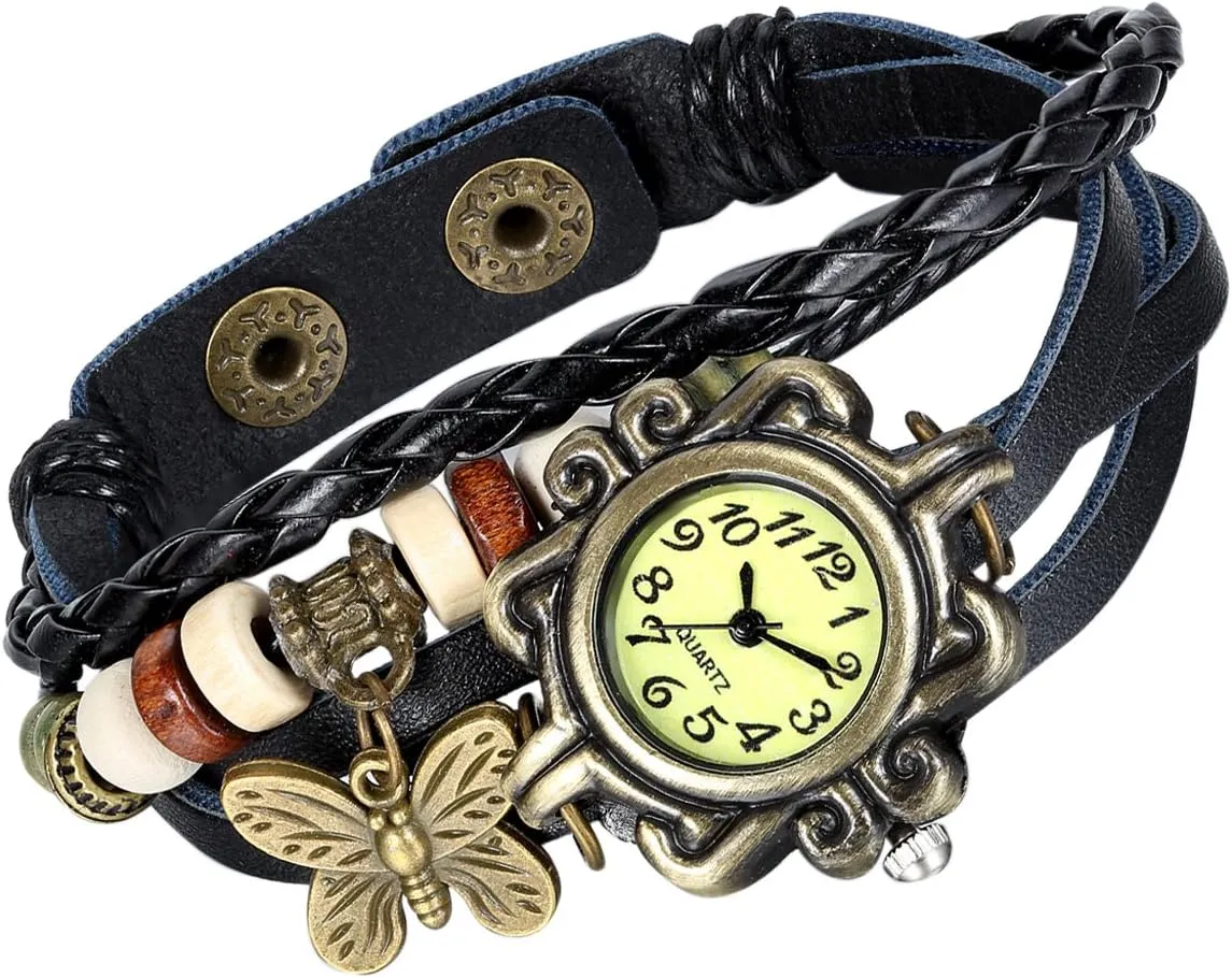 Lancardo Women's Braided Leather Straps Butterfly Charm Bracelet Bangle Watches Quartz Business Casual Wrist Watch Friendship Anniversary
