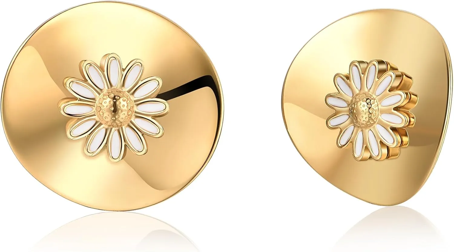 Large Daisy Flower Earrings for Women 18K Gold Plated Stainless Steel Polished Curved Disc Studs White Enamel Lucky Sunflowers Geometric Jewelry Hypoallergenic for Sensitive Ears