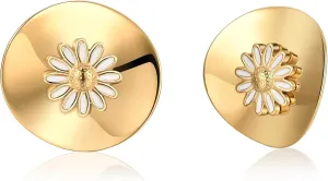 Large Daisy Flower Earrings for Women 18K Gold Plated Stainless Steel Polished Curved Disc Studs White Enamel Lucky Sunflowers Geometric Jewelry Hypoallergenic for Sensitive Ears