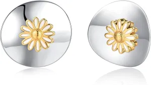 Large Daisy Flower Earrings for Women Silver Plated Stainless Steel Polished Curved Disc Studs White Enamel Lucky Sunflowers Geometric Jewelry Hypoallergenic for Sensitive Ears