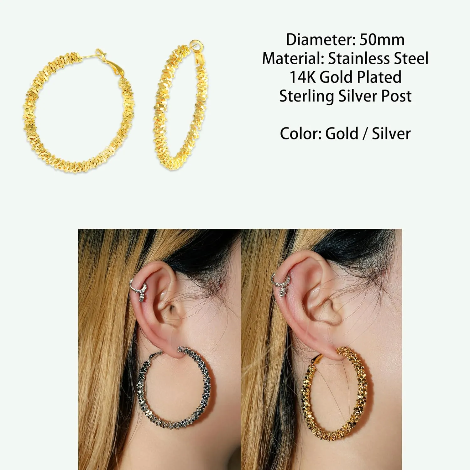 Large Silver Hoop Earrings for Women, 50mm 14k Gold Plated Big Thick Sparkly Chunky Hoop Earrings Jewelry