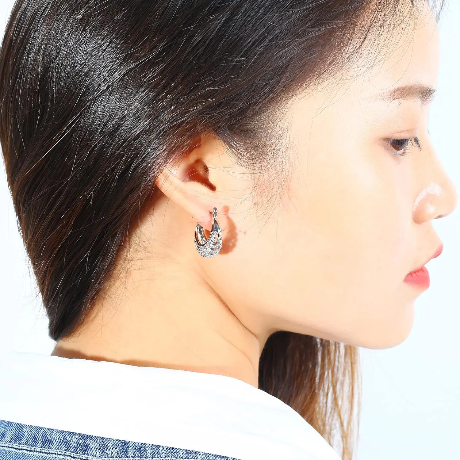 Large Titanium Hoop Earrings for Women White Gold Plated, Fashion Polished Hollow Plain/Bamboo/Twist/Chunky Earring Charms Lightweight, Pure Titanium Big Earrings Hoops Hypoallergenic for Sensitive Ear