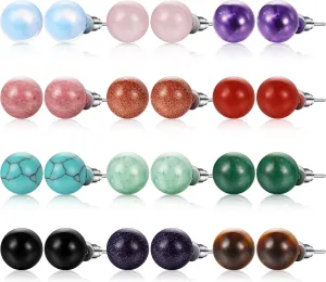 Laumoi 12 Pairs Natural Agate Stone Ball Studs Crystals Gemstone Amethyst Rose Quartz Earrings Studs Round Polished Earrings Jewelry for Women