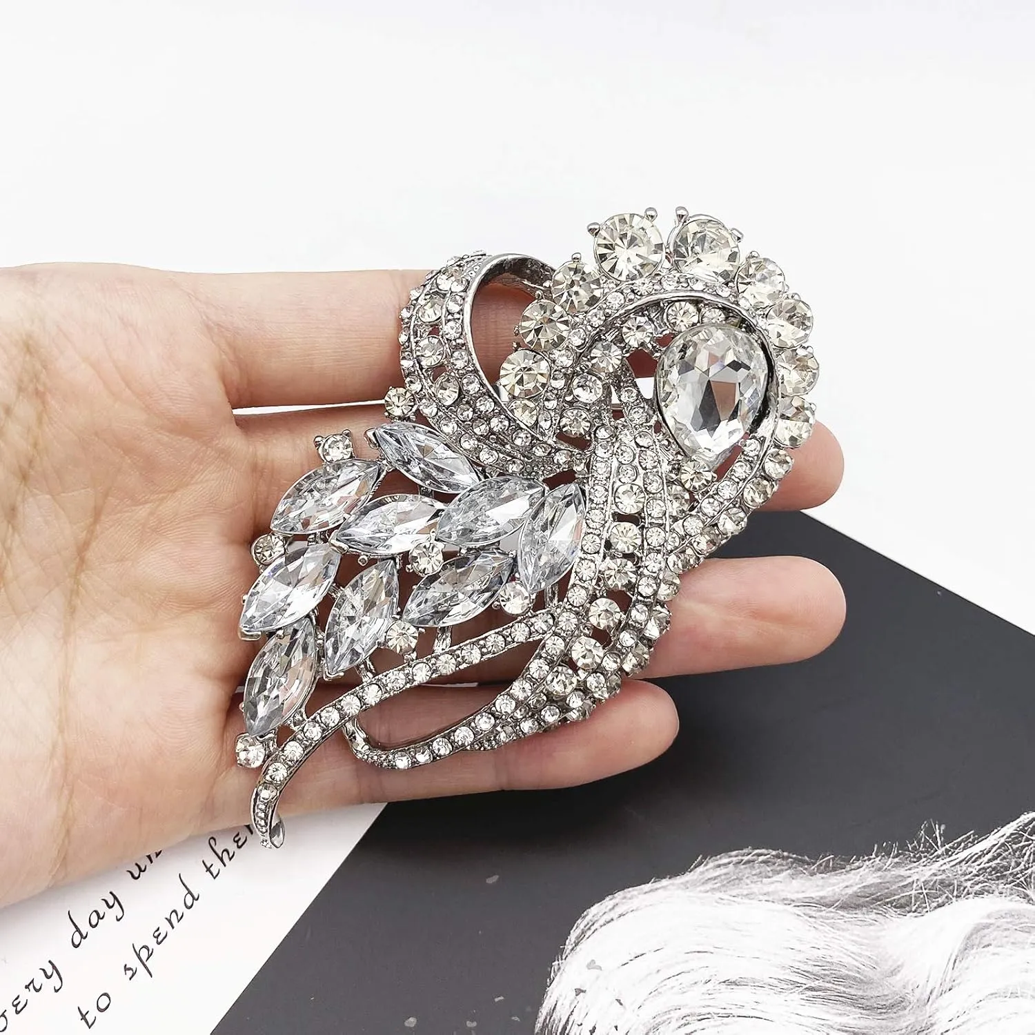 LAXPICOL Vintage Clear Austrian Crystal Elegant Flower Bouquet Wing Brooch for Women