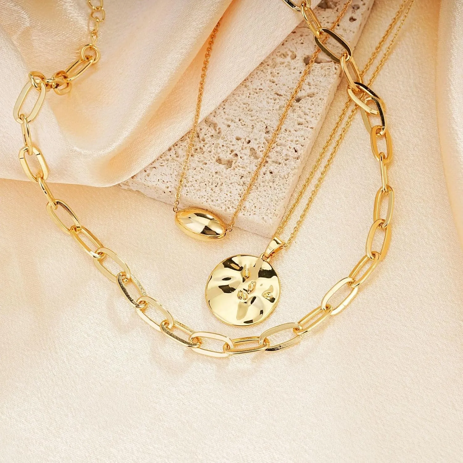 Layered Gold Necklaces Dainty 14K Gold Trendy Stackable Paperclip Chain Necklace for Women Pendant Choker Charm Statement Necklace Set