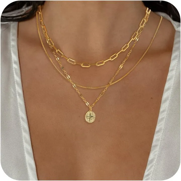 Layered Necklaces for Women,Chunky Gold Choker Necklace Stack Simple 14K Gold PlatedNecklace Set Gold Herringbone Cuban Rope Chain Necklace for Women Trendy Waterproof Gold Jewelry for Women