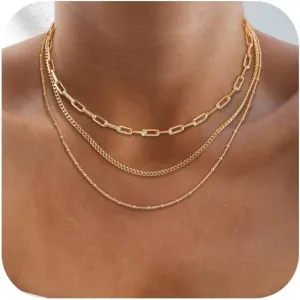Layered Necklaces for Women,Chunky Gold Choker Necklace Stack Simple 14K Gold PlatedNecklace Set Gold Herringbone Cuban Rope Chain Necklace for Women Trendy Waterproof Gold Jewelry for Women