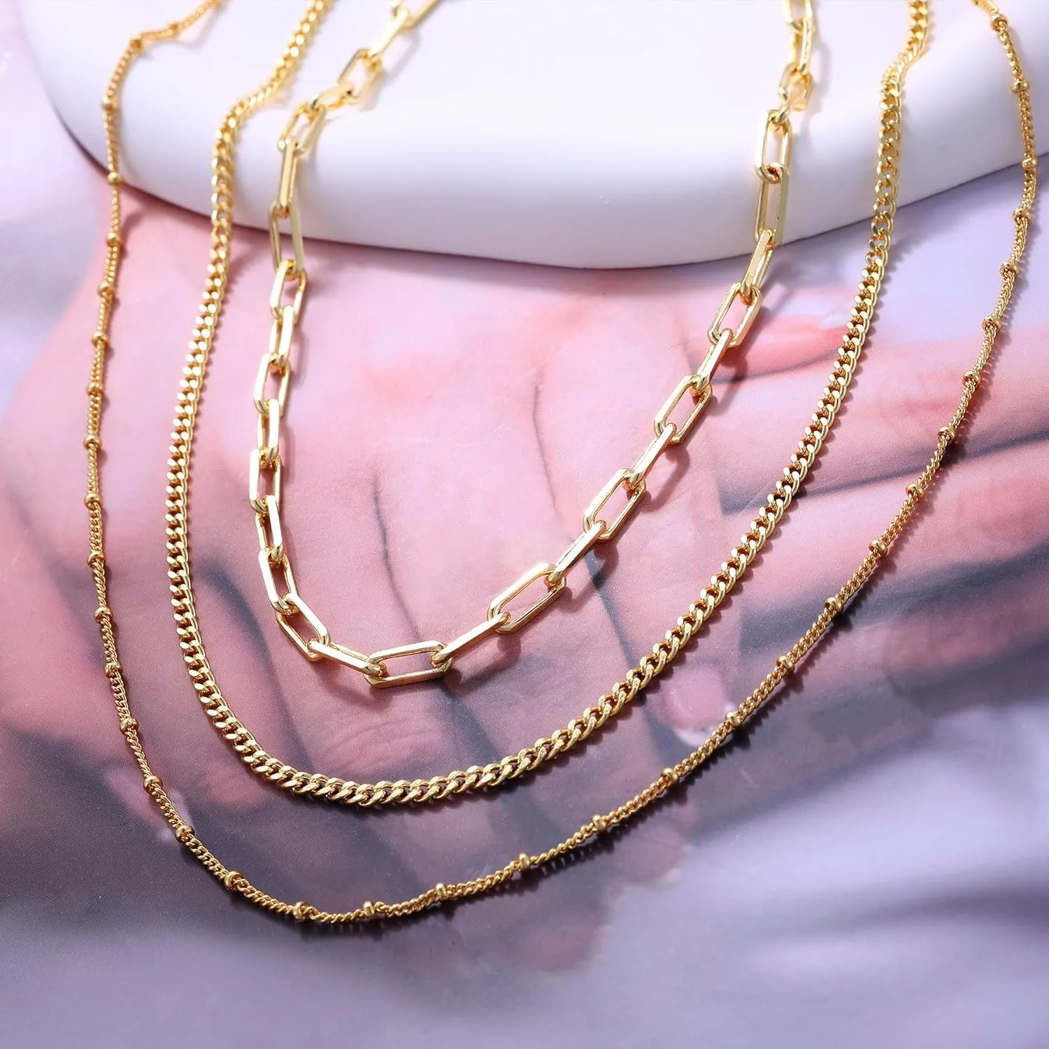 Layered Necklaces for Women,Chunky Gold Choker Necklace Stack Simple 14K Gold PlatedNecklace Set Gold Herringbone Cuban Rope Chain Necklace for Women Trendy Waterproof Gold Jewelry for Women