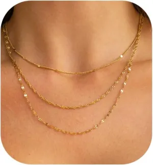 Layered Necklaces for Women,Chunky Gold Choker Necklace Stack Simple 14K Gold PlatedNecklace Set Gold Herringbone Cuban Rope Chain Necklace for Women Trendy Waterproof Gold Jewelry for Women