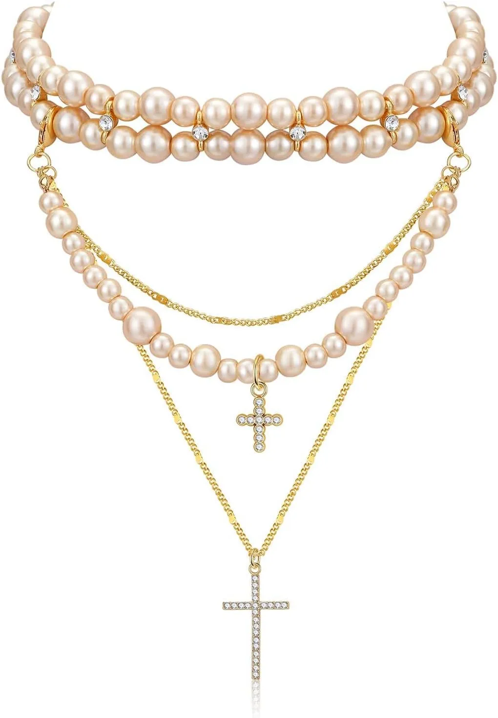 Layered Pearl Necklace Statement Y2k Pearl Cross Necklace Stacked Rhinestone Pearl Necklace for Women (Gold)
