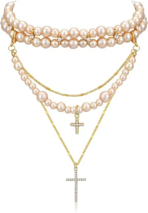 Layered Pearl Necklace Statement Y2k Pearl Cross Necklace Stacked Rhinestone Pearl Necklace for Women (Gold)