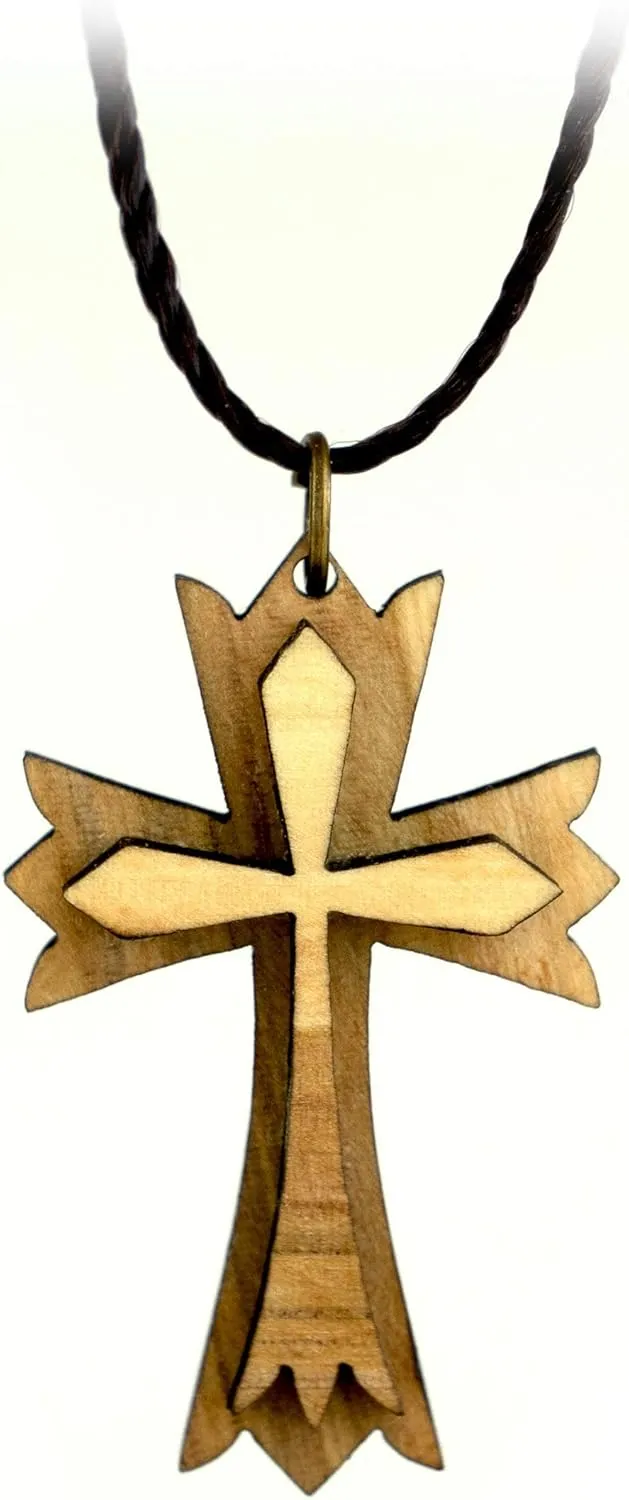 Layered Pointed Cross, Wooden Cross Necklace for Men & Women, Certified Holy Land Olive Wood Orthodox Pendant Necklace from Bethlehem Israel, Christian & Catholic Religious Keepsake Gift