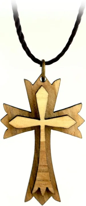 Layered Pointed Cross, Wooden Cross Necklace for Men & Women, Certified Holy Land Olive Wood Orthodox Pendant Necklace from Bethlehem Israel, Christian & Catholic Religious Keepsake Gift