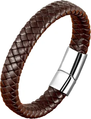 Leather Bracelet for Men, Braided Mens Cuff Bracelets with Stainless Steel Clasp Stacked Multi Style Color Anniversary Father's Day Birthday Christmas Jewelry Gifts for Him