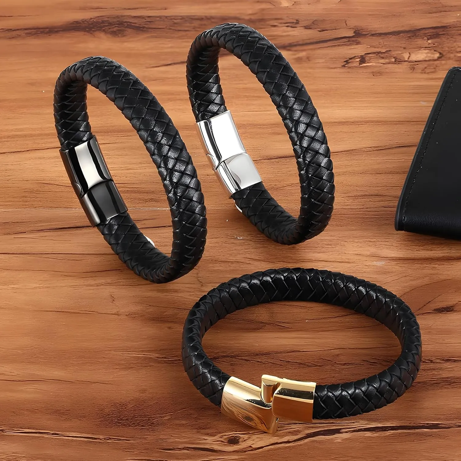 Leather Bracelet for Men, Braided Mens Cuff Bracelets with Stainless Steel Clasp Stacked Multi Style Color Anniversary Father's Day Birthday Christmas Jewelry Gifts for Him