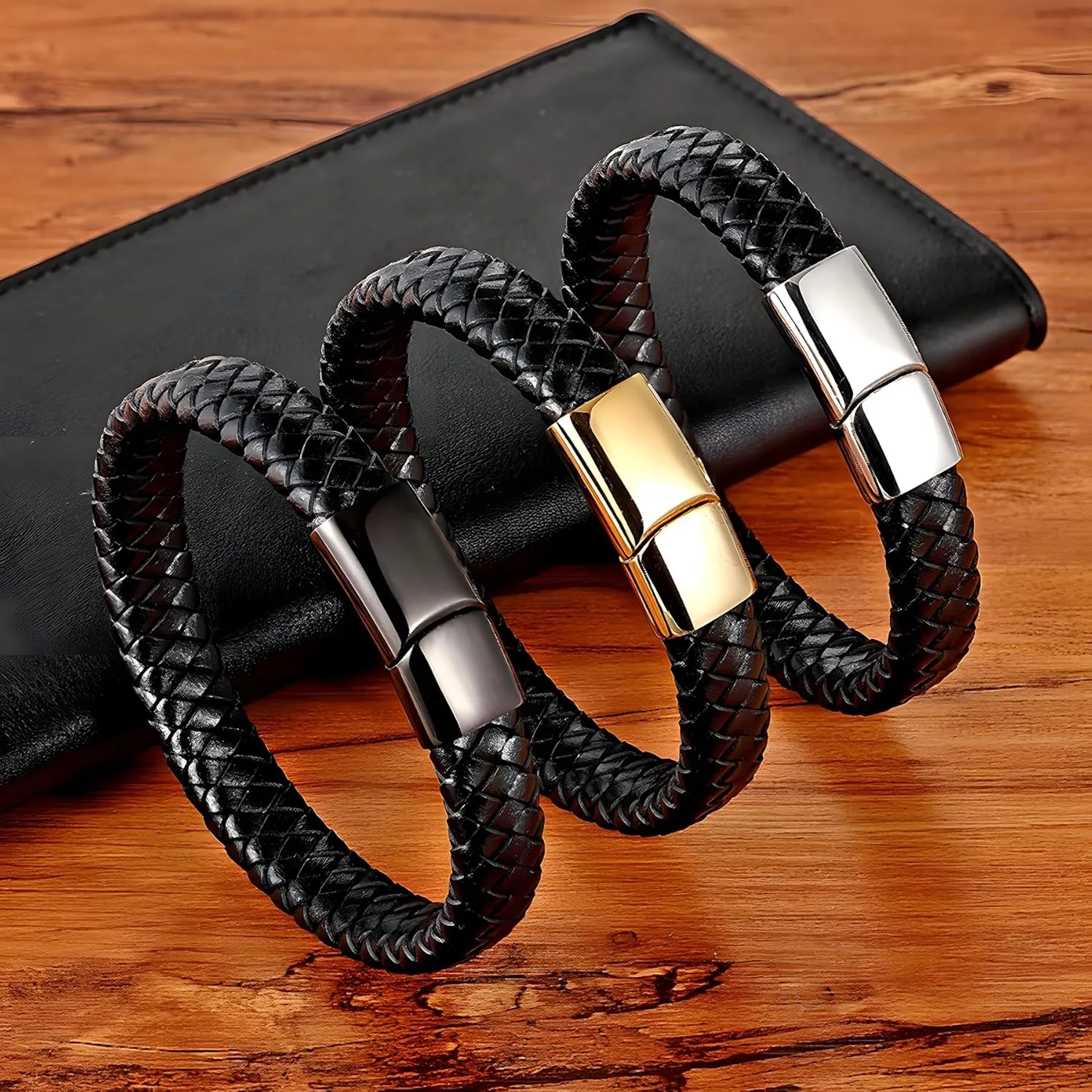 Leather Bracelet for Men, Braided Mens Cuff Bracelets with Stainless Steel Clasp Stacked Multi Style Color Anniversary Father's Day Birthday Christmas Jewelry Gifts for Him