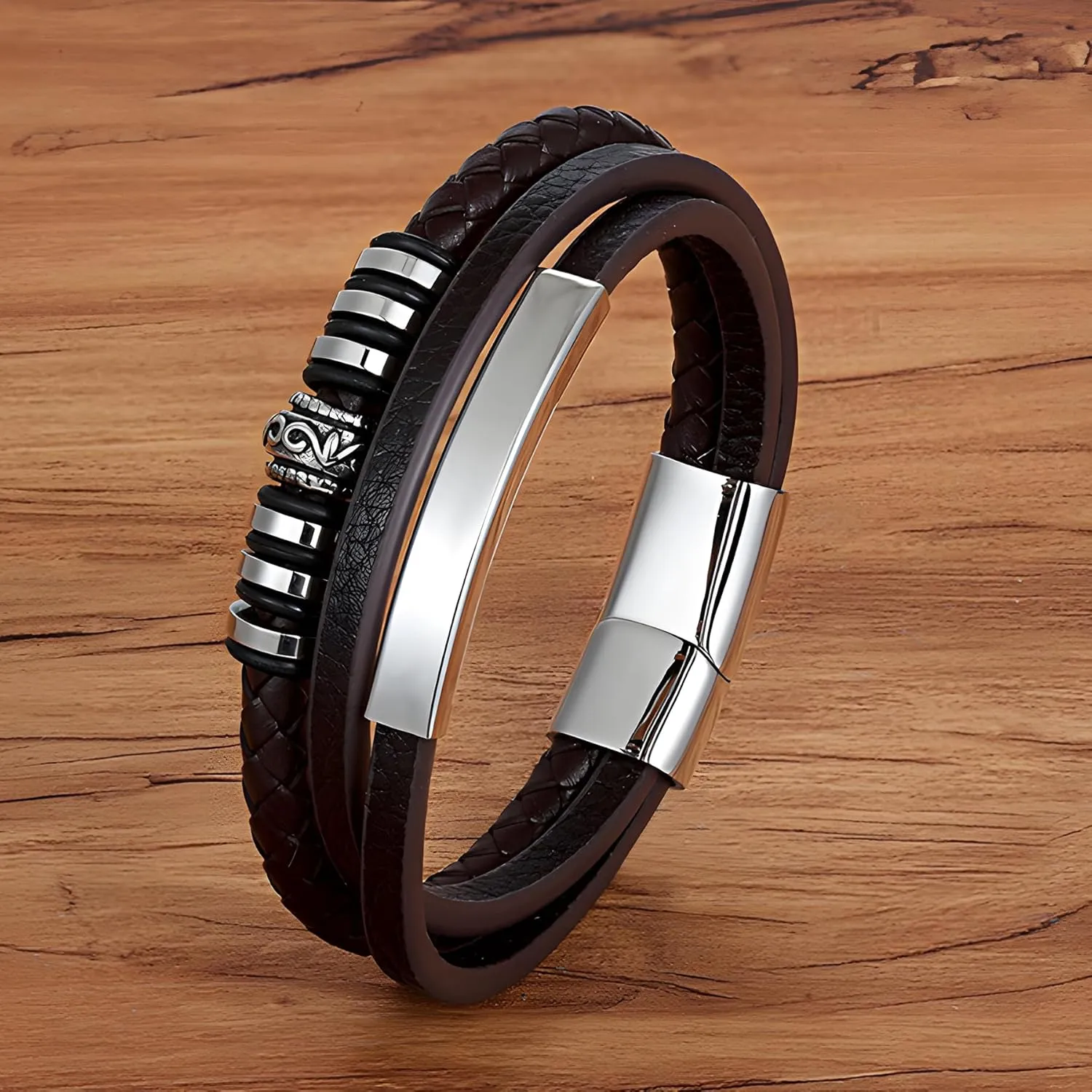 Leather Bracelet for Men, Multi-Layer Braided Gothic Punk Rock Mens Cuff Bracelets with Stainless Steel Clasp Stacked Anniversary Father's Day Birthday Christmas Jewelry Gifts for Him