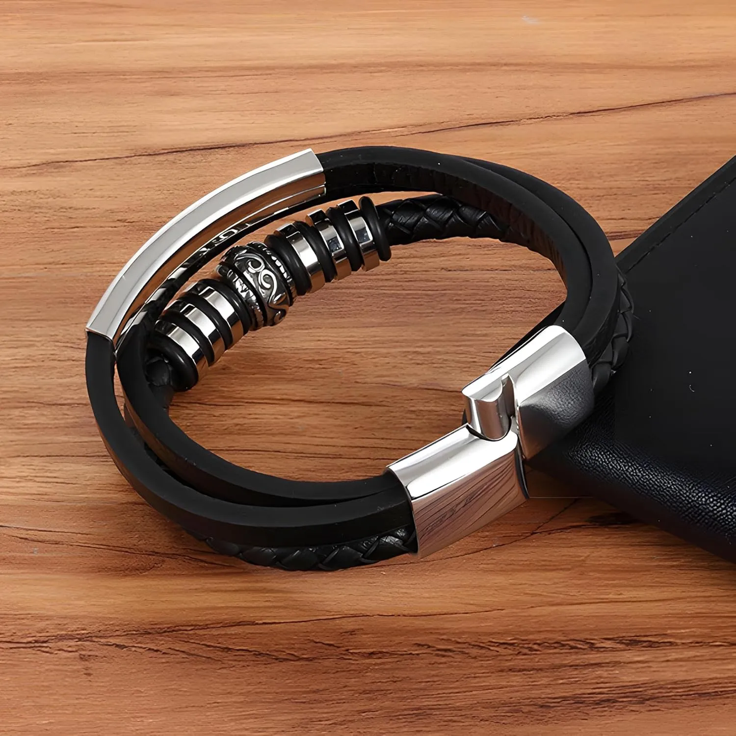 Leather Bracelet for Men, Multi-Layer Braided Gothic Punk Rock Mens Cuff Bracelets with Stainless Steel Clasp Stacked Anniversary Father's Day Birthday Christmas Jewelry Gifts for Him
