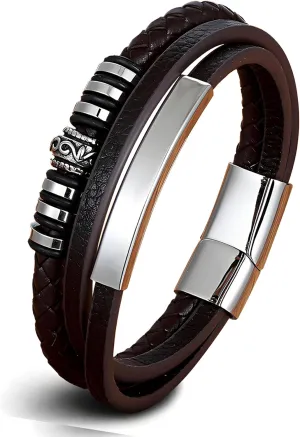 Leather Bracelet for Men, Multi-Layer Braided Gothic Punk Rock Mens Cuff Bracelets with Stainless Steel Clasp Stacked Anniversary Father's Day Birthday Christmas Jewelry Gifts for Him