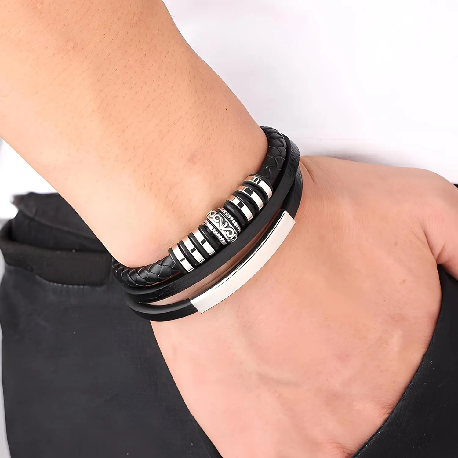 Leather Bracelet for Men, Multi-Layer Braided Gothic Punk Rock Mens Cuff Bracelets with Stainless Steel Clasp Stacked Anniversary Father's Day Birthday Christmas Jewelry Gifts for Him