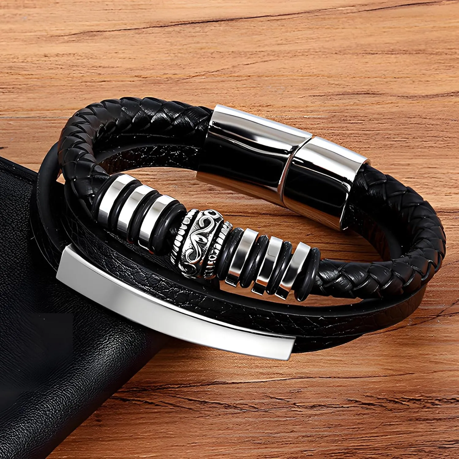Leather Bracelet for Men, Multi-Layer Braided Gothic Punk Rock Mens Cuff Bracelets with Stainless Steel Clasp Stacked Anniversary Father's Day Birthday Christmas Jewelry Gifts for Him