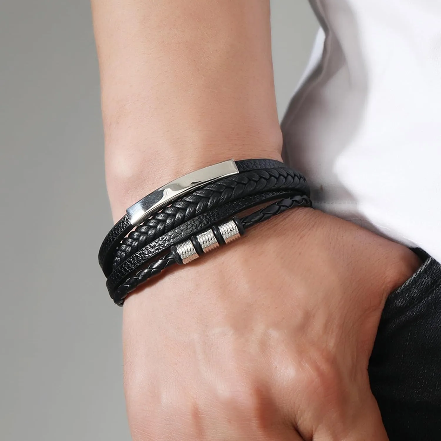 Leather Bracelet for Men, Multi-Layer Braided Mens Cuff Bracelets with Stainless Steel Clasp Anniversary Father's Day Birthday Christmas Jewelry Gifts for Him