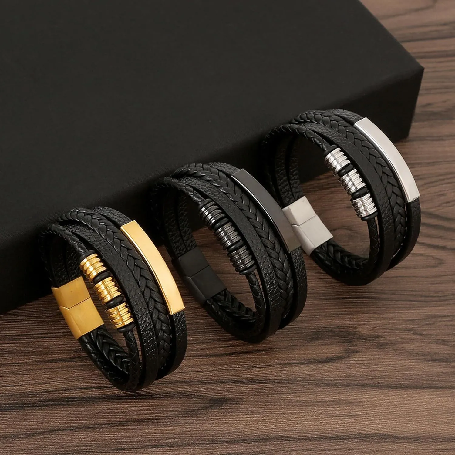Leather Bracelet for Men, Multi-Layer Braided Mens Cuff Bracelets with Stainless Steel Clasp Anniversary Father's Day Birthday Christmas Jewelry Gifts for Him