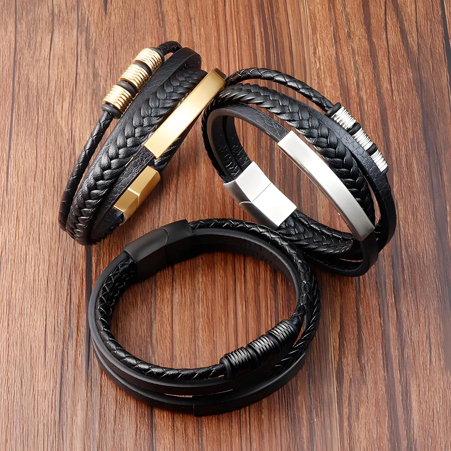 Leather Bracelet for Men, Multi-Layer Braided Mens Cuff Bracelets with Stainless Steel Clasp Anniversary Father's Day Birthday Christmas Jewelry Gifts for Him