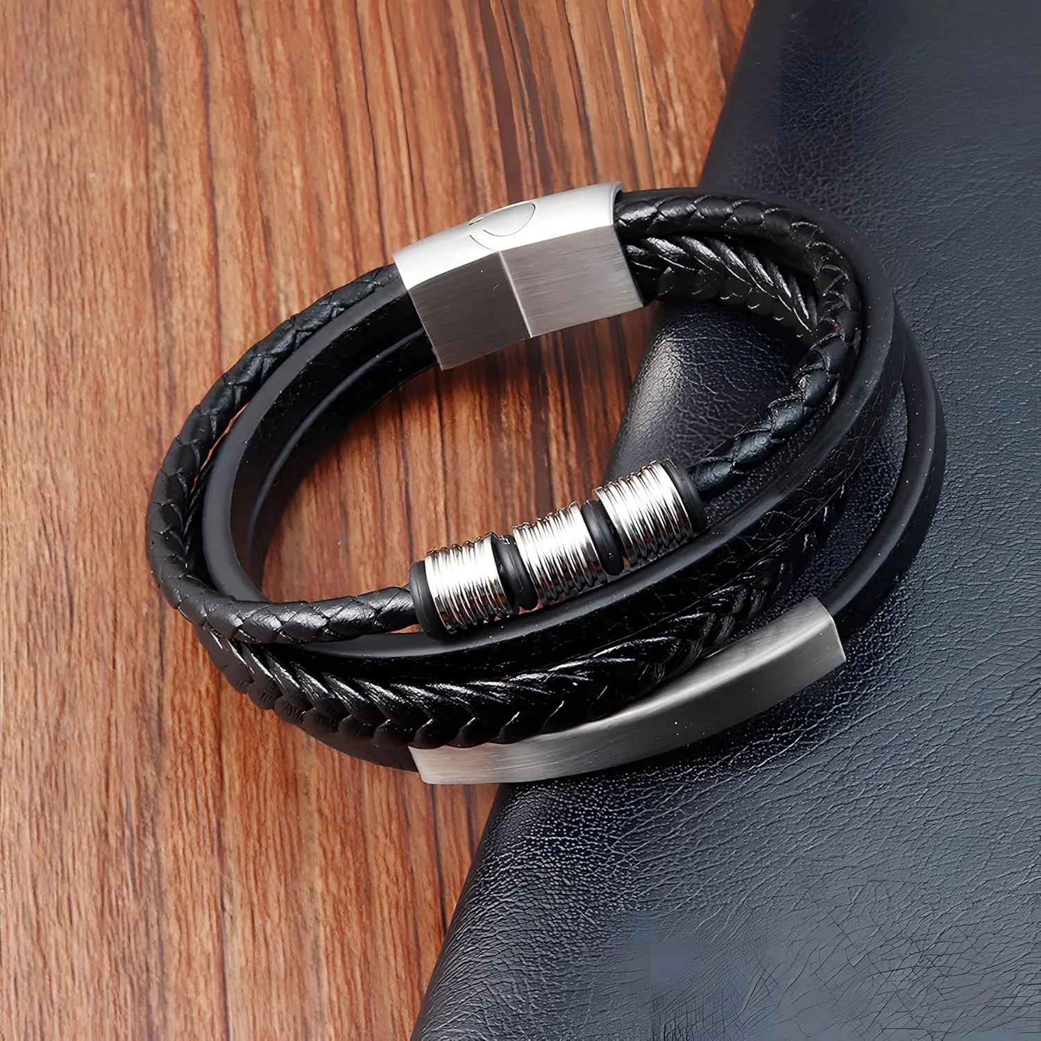 Leather Bracelet for Men, Multi-Layer Braided Mens Cuff Bracelets with Stainless Steel Clasp Anniversary Father's Day Birthday Christmas Jewelry Gifts for Him