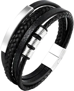Leather Bracelet for Men, Multi-Layer Braided Mens Cuff Bracelets with Stainless Steel Clasp Anniversary Father's Day Birthday Christmas Jewelry Gifts for Him