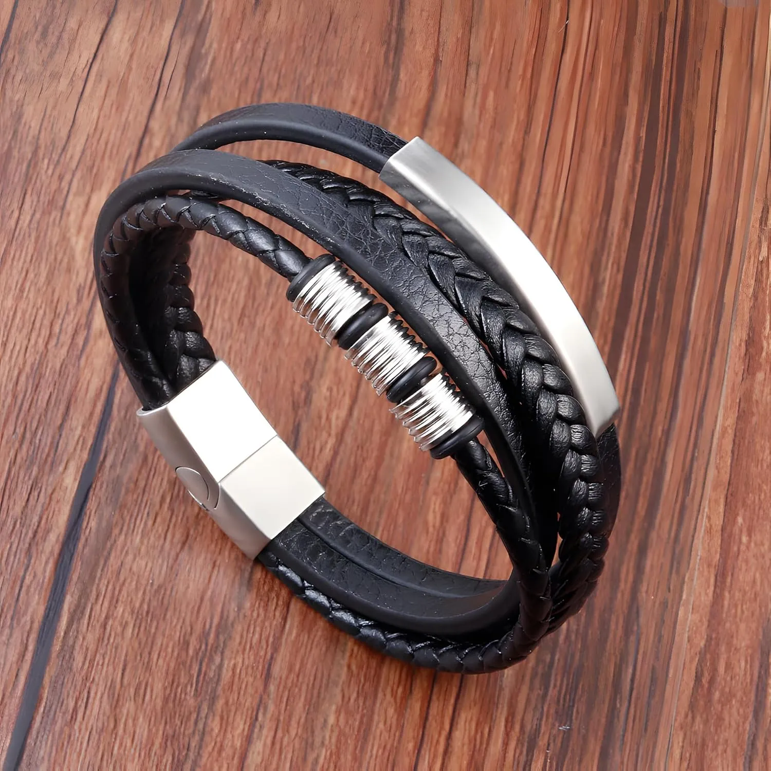 Leather Bracelet for Men, Multi-Layer Braided Mens Cuff Bracelets with Stainless Steel Clasp Anniversary Father's Day Birthday Christmas Jewelry Gifts for Him