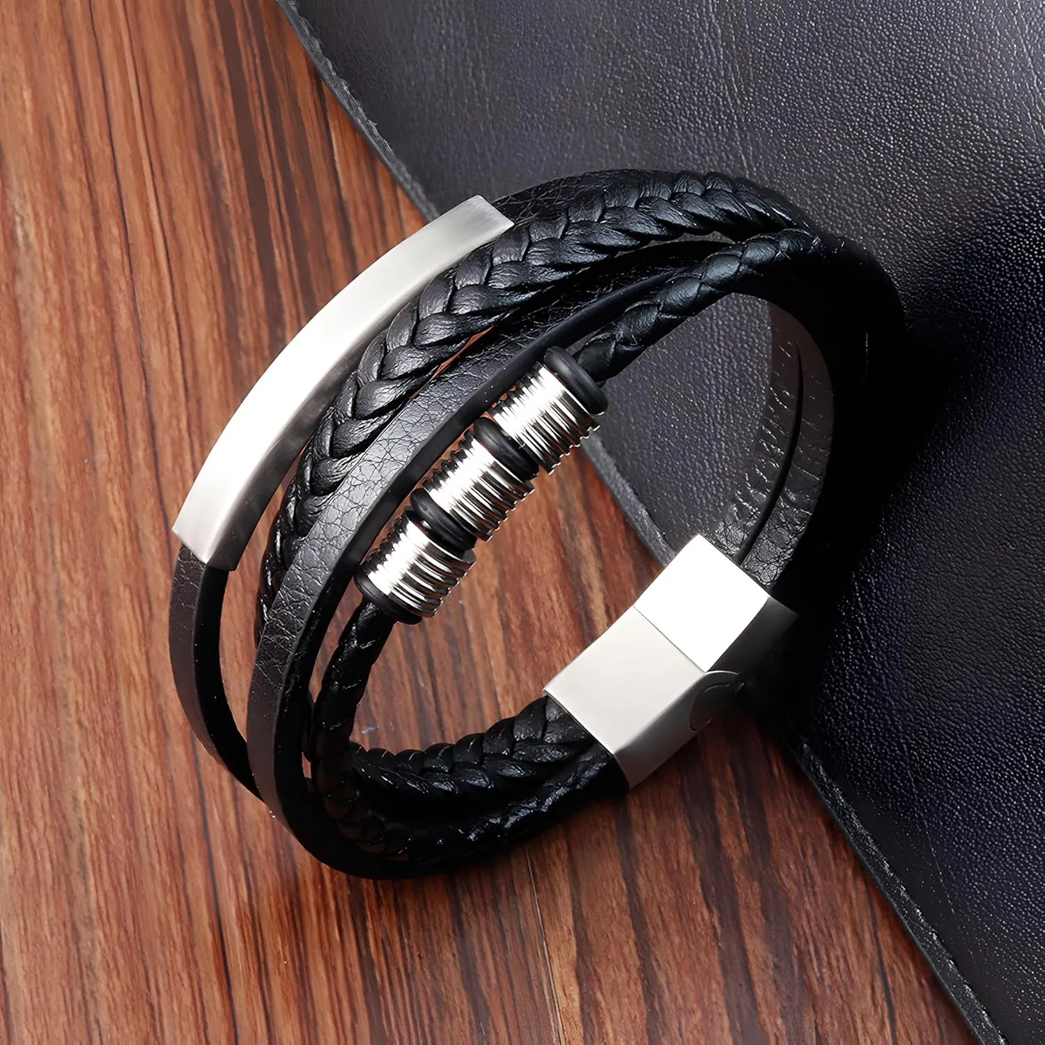 Leather Bracelet for Men, Multi-Layer Braided Mens Cuff Bracelets with Stainless Steel Clasp Anniversary Father's Day Birthday Christmas Jewelry Gifts for Him