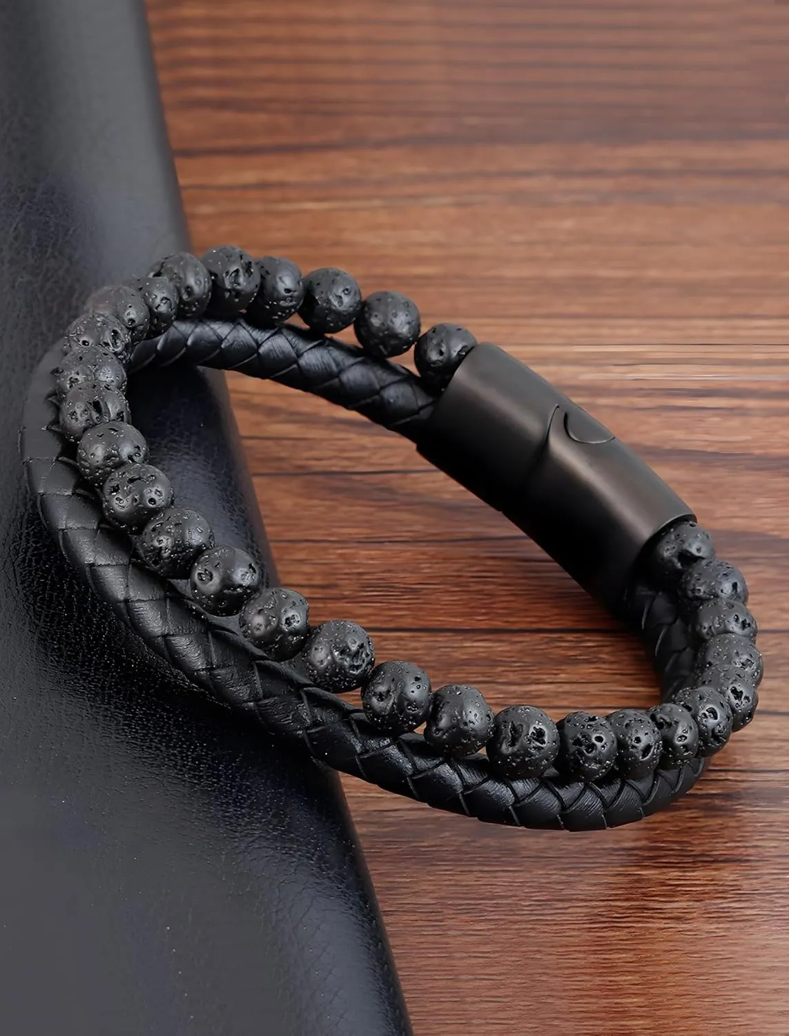 Leather Bracelet Gifts for Men, Layer Braided Natural Stone Lava Rock Beads Mens Cuff Bracelets with Stainless Steel Clasp Anniversary Father's Day Birthday Christmas Jewelry Gifts for Him