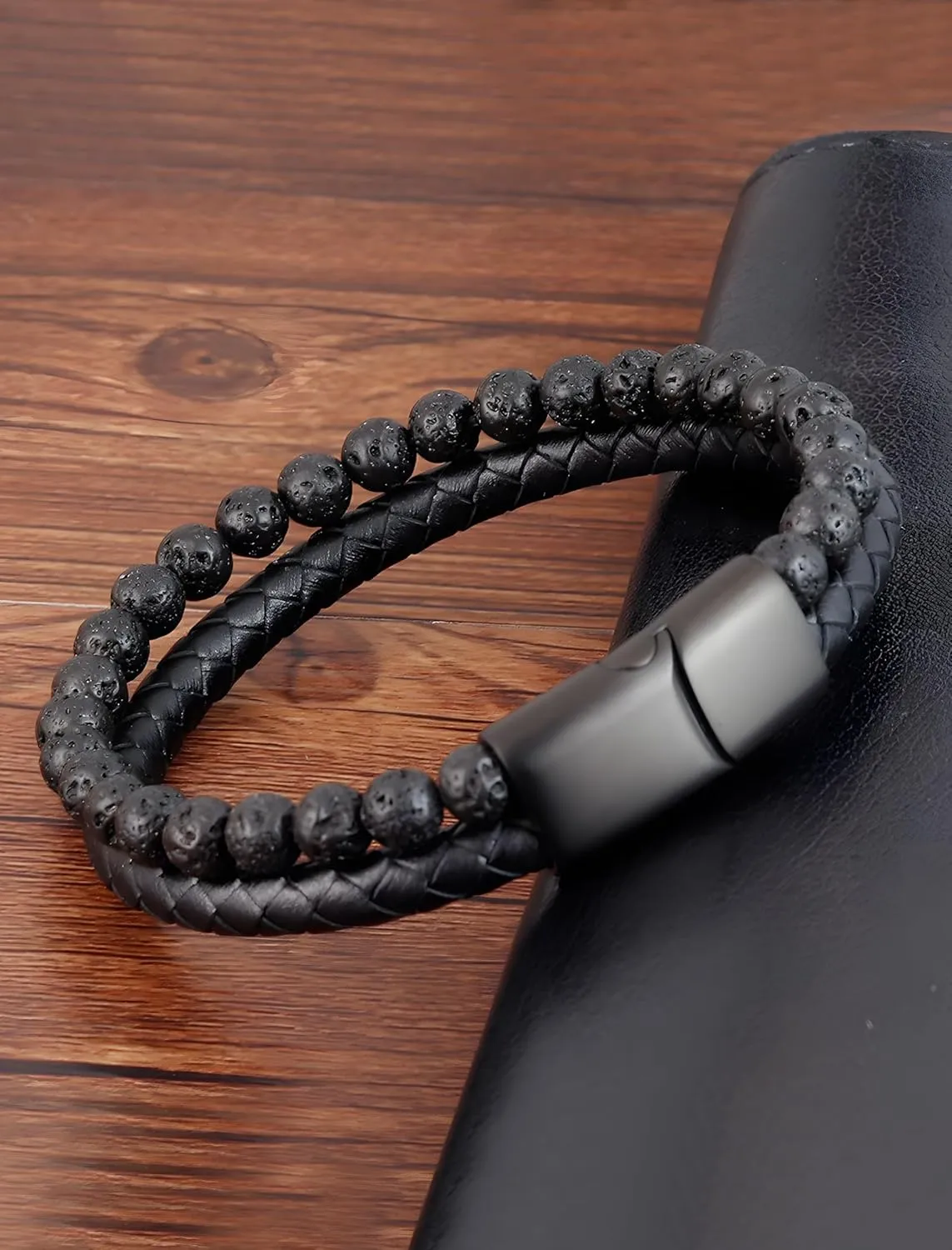 Leather Bracelet Gifts for Men, Layer Braided Natural Stone Lava Rock Beads Mens Cuff Bracelets with Stainless Steel Clasp Anniversary Father's Day Birthday Christmas Jewelry Gifts for Him
