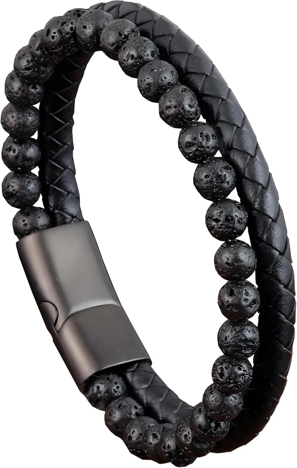 Leather Bracelet Gifts for Men, Layer Braided Natural Stone Lava Rock Beads Mens Cuff Bracelets with Stainless Steel Clasp Anniversary Father's Day Birthday Christmas Jewelry Gifts for Him