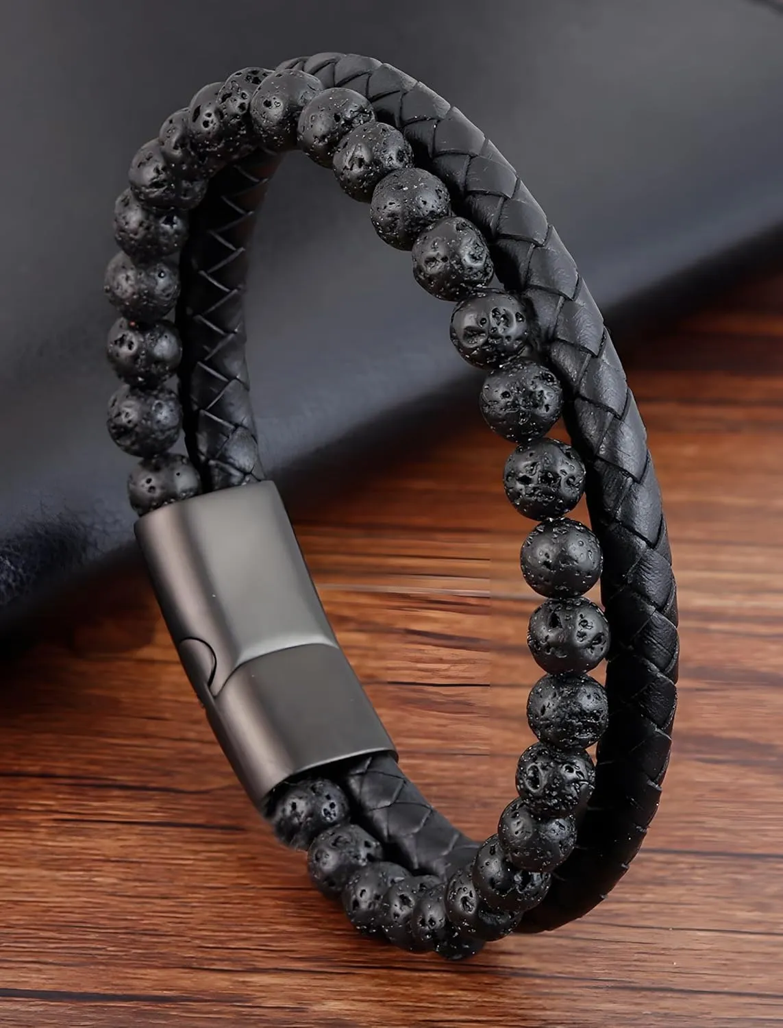 Leather Bracelet Gifts for Men, Layer Braided Natural Stone Lava Rock Beads Mens Cuff Bracelets with Stainless Steel Clasp Anniversary Father's Day Birthday Christmas Jewelry Gifts for Him
