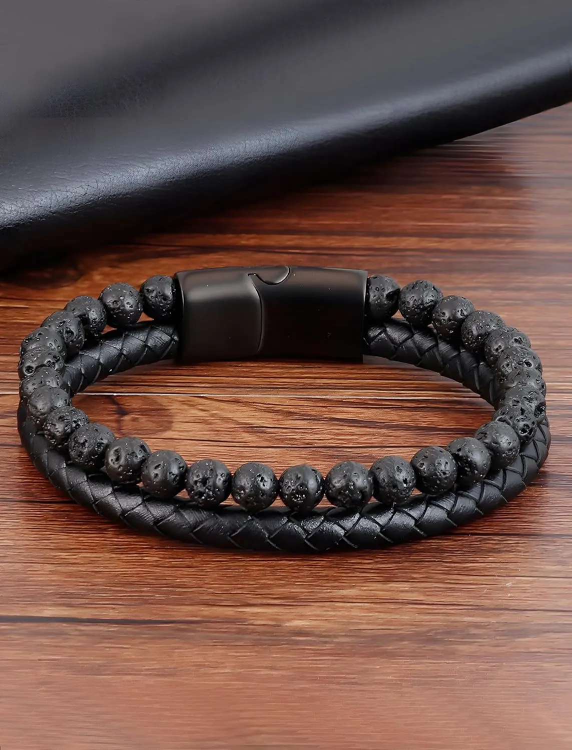 Leather Bracelet Gifts for Men, Layer Braided Natural Stone Lava Rock Beads Mens Cuff Bracelets with Stainless Steel Clasp Anniversary Father's Day Birthday Christmas Jewelry Gifts for Him