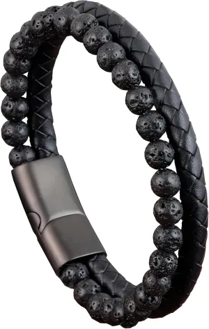 Leather Bracelet Gifts for Men, Layer Braided Natural Stone Lava Rock Beads Mens Cuff Bracelets with Stainless Steel Clasp Anniversary Father's Day Birthday Christmas Jewelry Gifts for Him