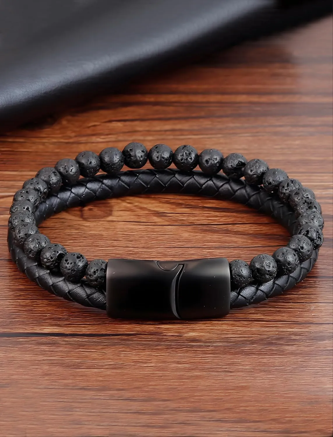 Leather Bracelet Gifts for Men, Layer Braided Natural Stone Lava Rock Beads Mens Cuff Bracelets with Stainless Steel Clasp Anniversary Father's Day Birthday Christmas Jewelry Gifts for Him
