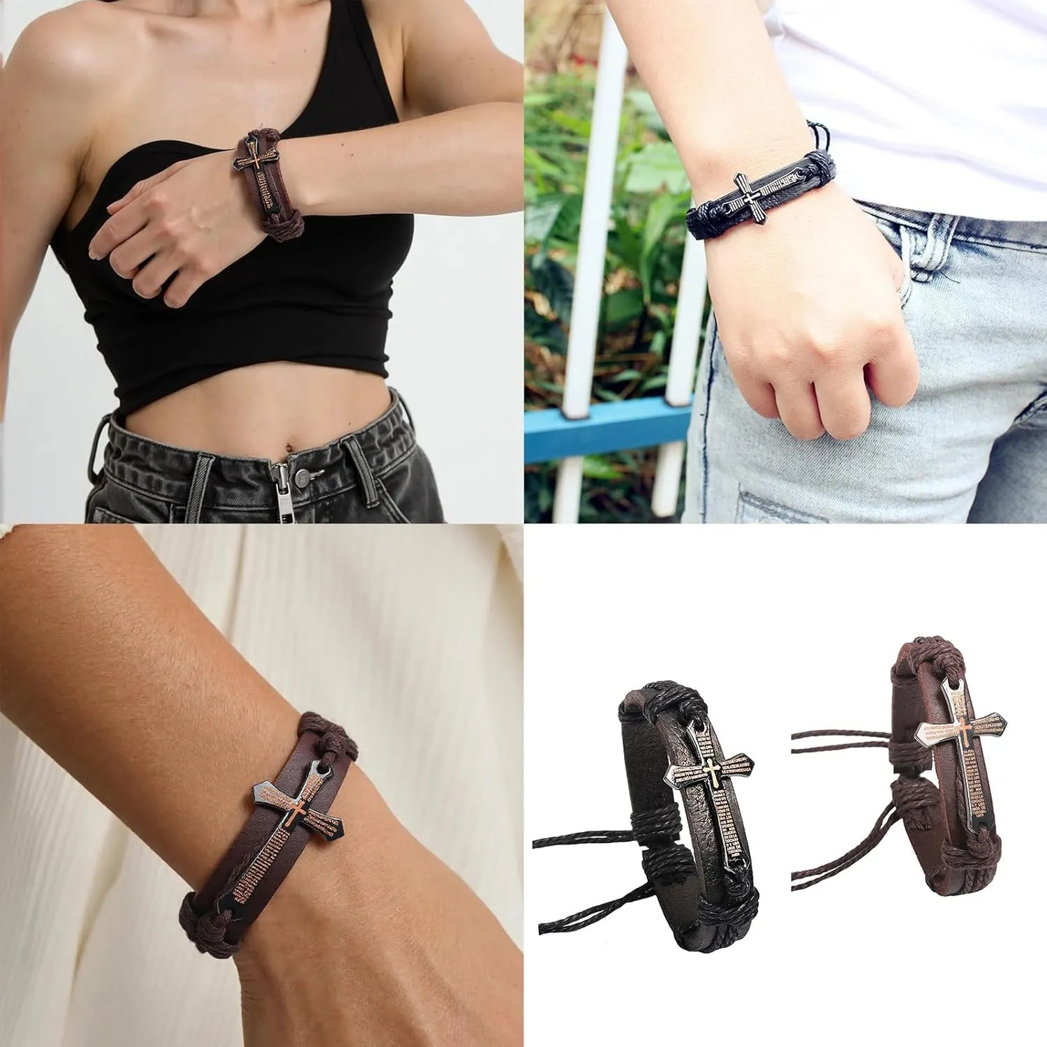 Leather Bracelet With Leather and Crosses for Prayer Meditations Elegant Catholic Bracelet