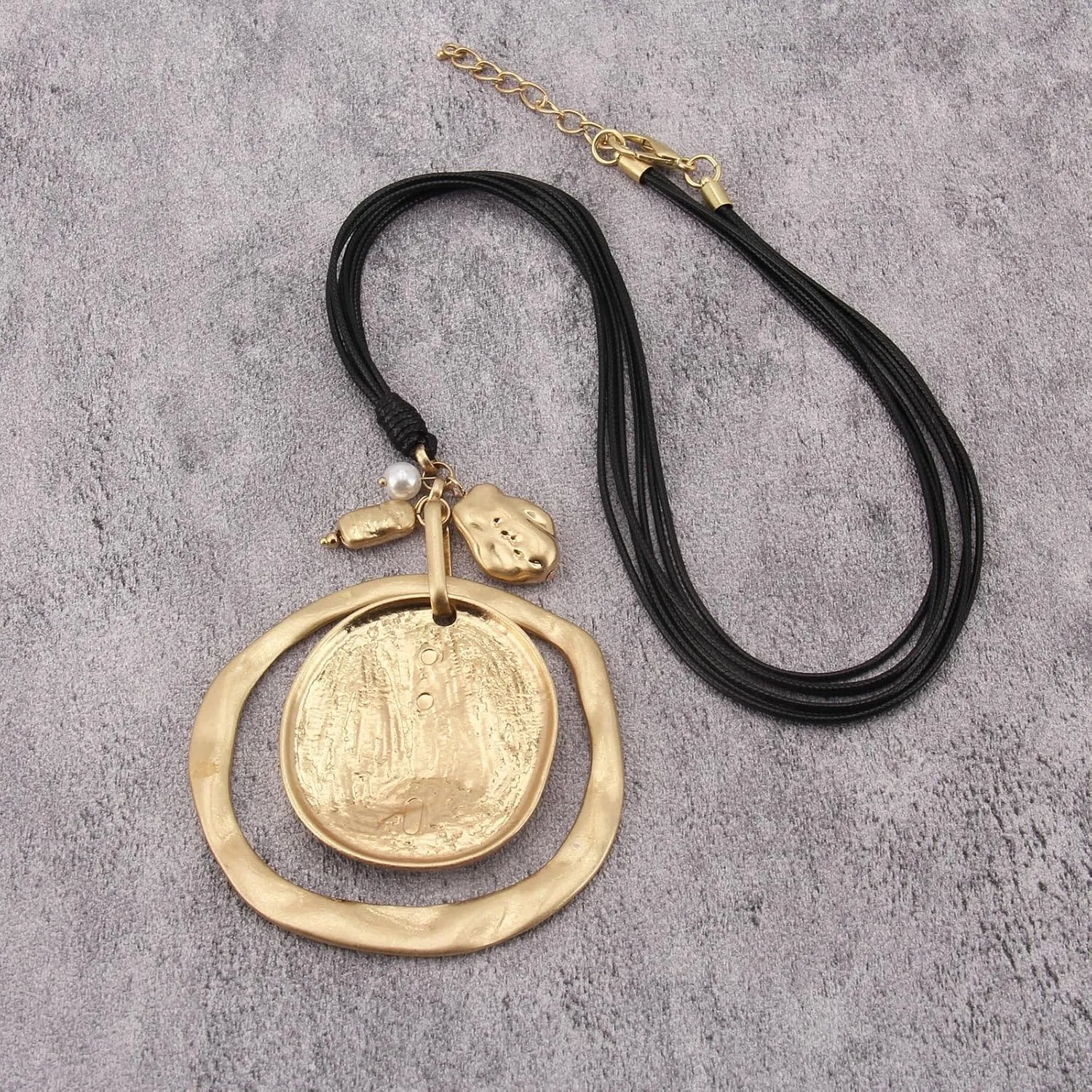 Leather Necklace for Women Large Pendant Hippie Choker Necklace Vintage Sweater Necklace Chunky Boho Necklaces for Women
