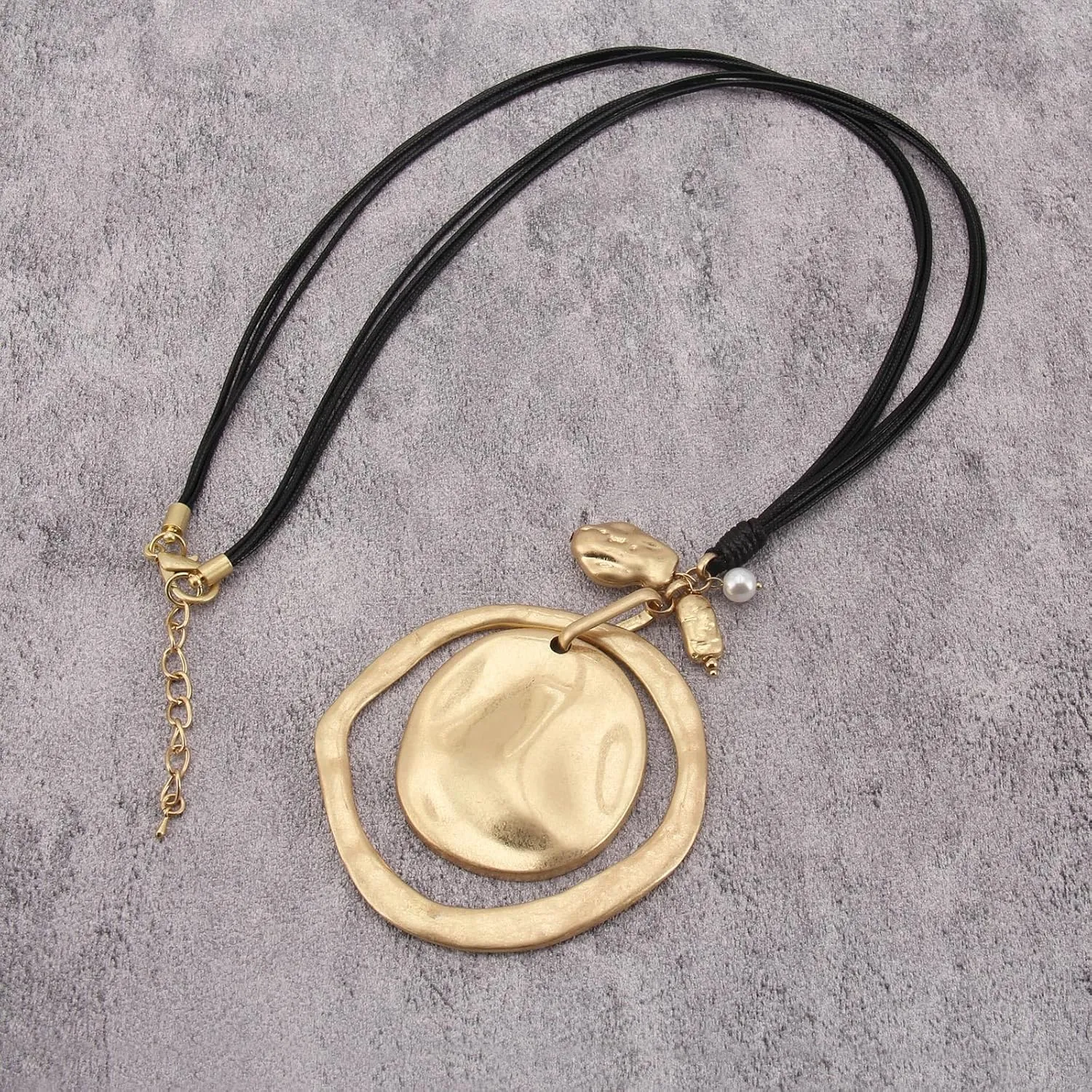 Leather Necklace for Women Large Pendant Hippie Choker Necklace Vintage Sweater Necklace Chunky Boho Necklaces for Women